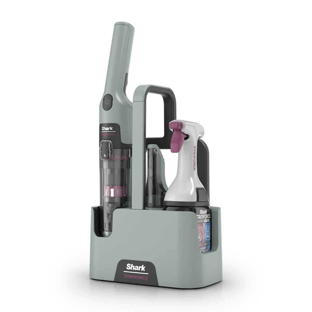 Cordless spot cleaner in its caddy